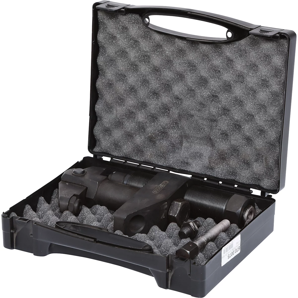 Schwarzer Werkzeugkoffer, geöffnet, mit Schaumstoff und Werkzeugen.